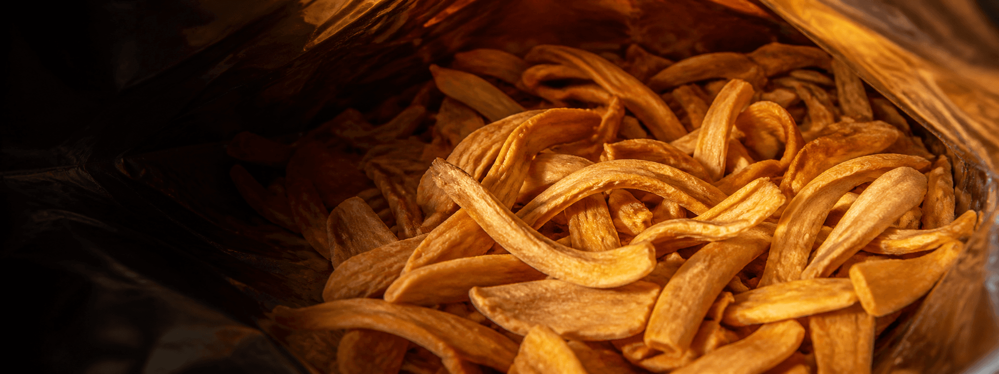 Inside a pouch filled with golden Kerala-style jackfruit chips