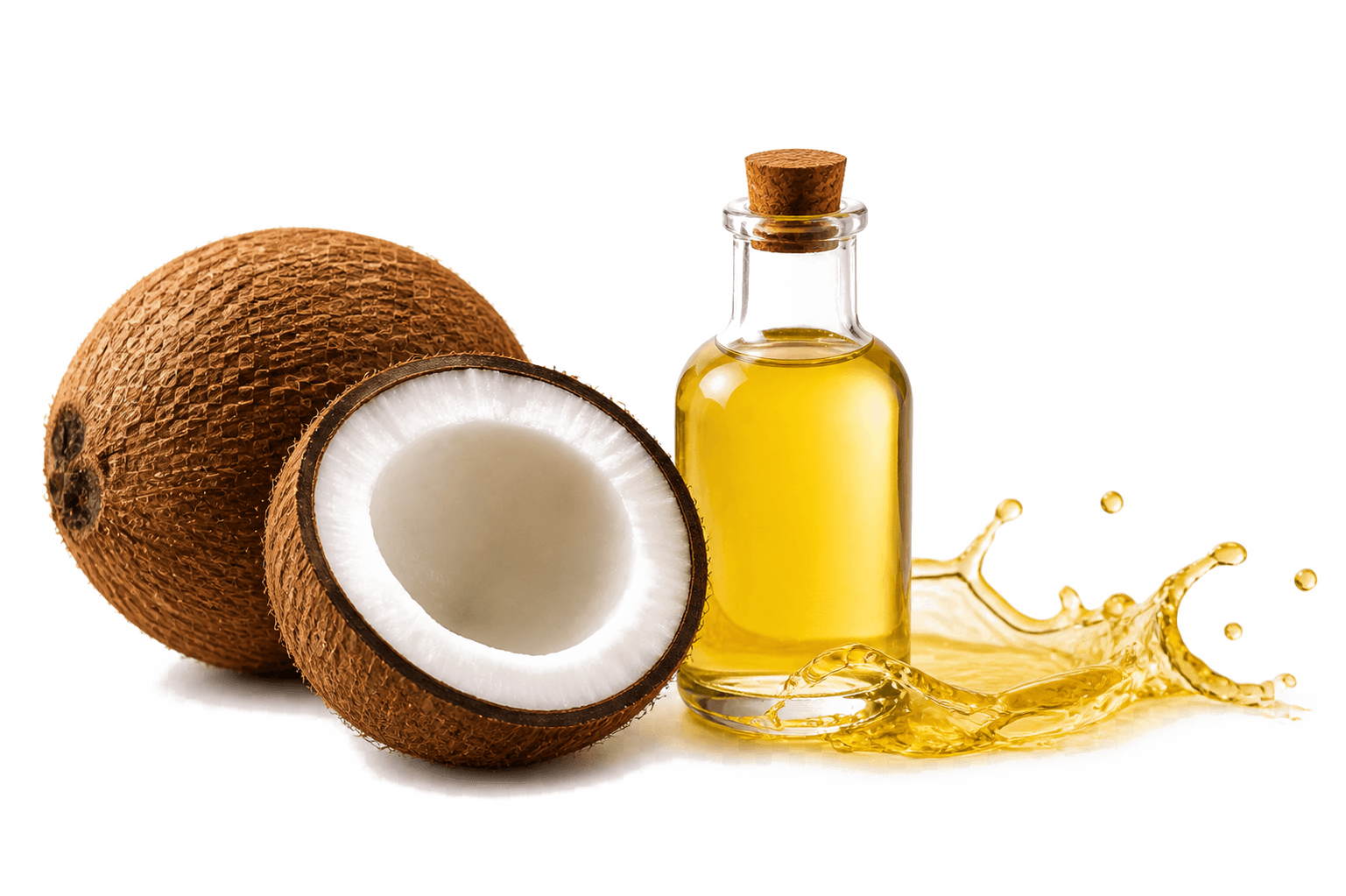 Coconuts with a bottle of coconut oil