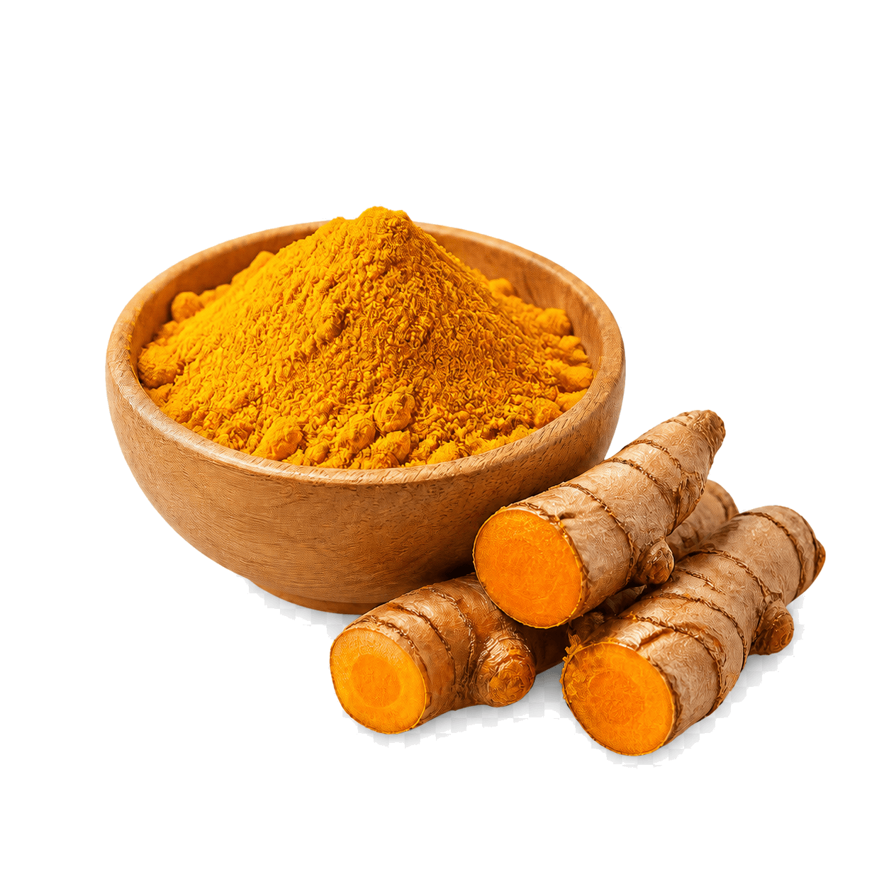 Turmeric powder in a wooden bowl with fresh turmeric roots
